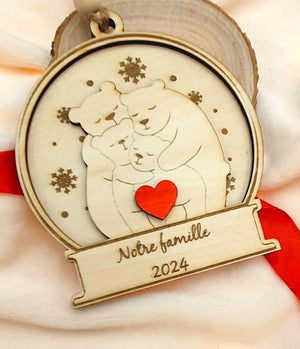 Boule de Noël en Bois Personnalisée - Famille d'Ours