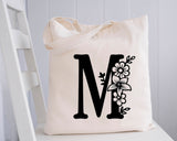 Tote Bag Femme Lettre Florale Personnalisé en coton, Sac toile Cabas, Sac fourre-tout, tote bag cadeau femme, , cadeau femme,