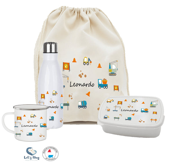 Kit enfant rentrée scolaire personnalisé DIGGERS  ,Ensemble gourde et boite à goûter, pochon rangements , tasse personnalisé