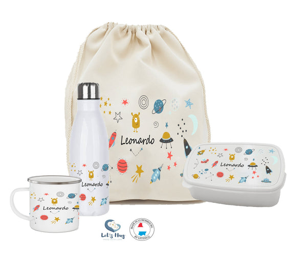 Kit enfant rentrée scolaire personnalisé SPACE ,Ensemble gourde et boite à goûter, pochon rangements , tasse personnalisé