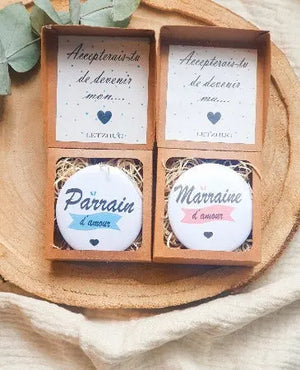 Demande marraine ou parrain, coffret badge personnalisé
